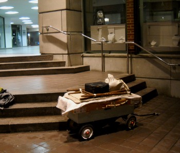 dulcimer on wagon at night