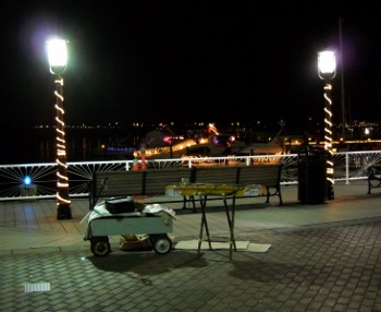 The dulcimer set up on the waterfront at night