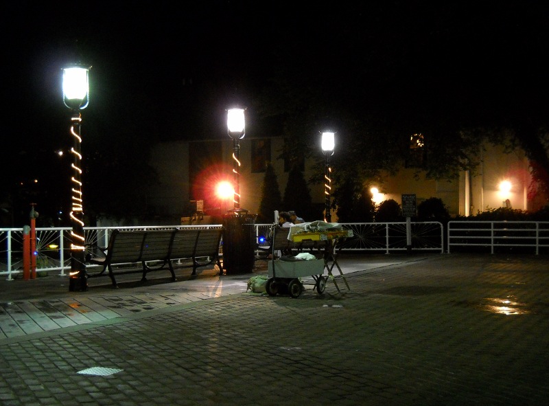 Dulcimer at night on a rain-wet waterfront