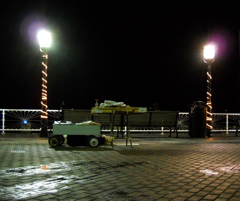 Dulcimer at night on a rain-wet waterfront