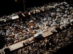 crystals in singles and chunks laid out on a big screened frame